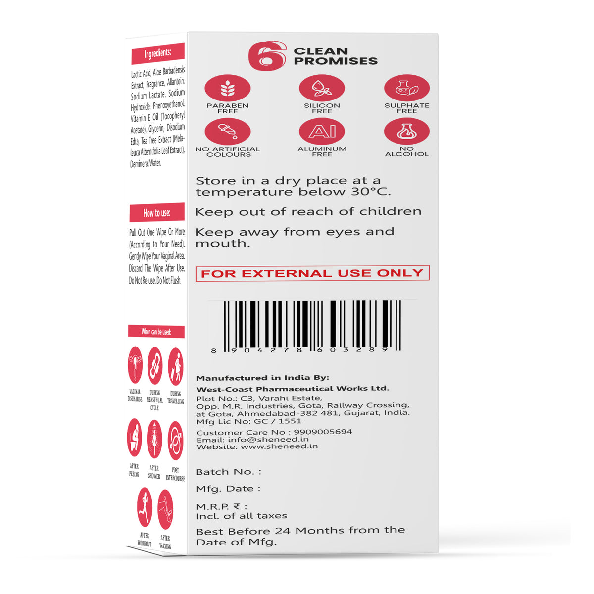 SheNeed Feminine Intimate Wipes 100 Biodegradable, Ph Balanced, Uti P