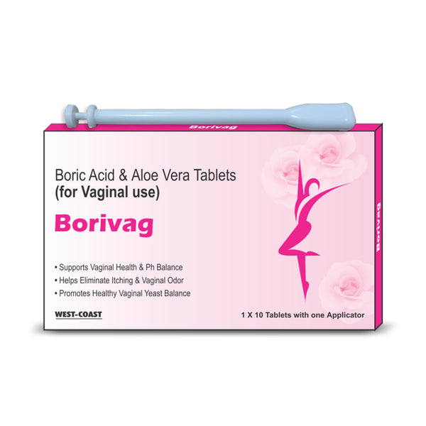 Westcoast Borivag Boric Acid & Aloe Vera, With Natural Aloe, Balances Feminine Flora, Promotes Moisture, Reduces Dryness, Recurring Discharge & Bad Odor. - 1x10 Tablets