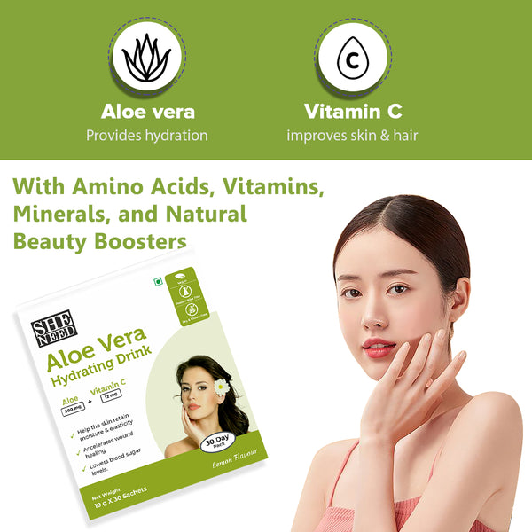 Sheneed Aloe Vera hydrating drink with Vit-C-improves skin & hair growth,Vegan-30x10gms