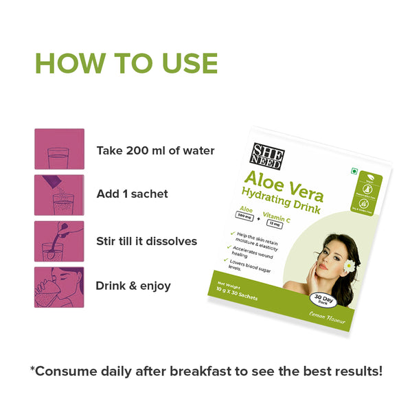 Sheneed Aloe Vera hydrating drink with Vit-C-improves skin & hair growth,Vegan-30x10gms