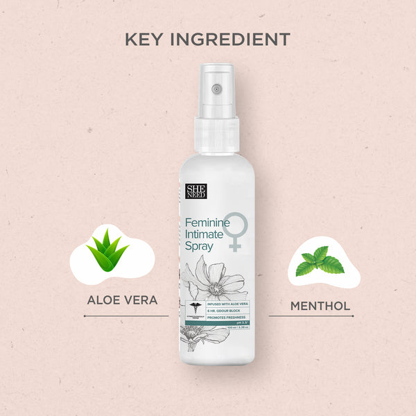 SheNeed Feminine Intimate Spray For Bikini Area, Protection from UTI, Calms Rashes, Fungal Infections & Coolness  with Aloe Vera & Menthol 100ml