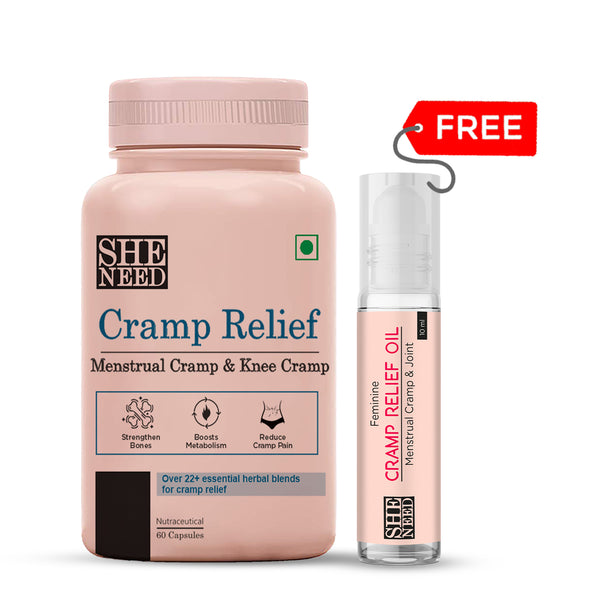 Sheneed Cramp Relief Supplement for PMS - free from Menstrual Cramp Relief and Bloating Supports a Healthy Pain and Stress-60 Capsules + Free Sheneed Feminine Cramp Relief Oil for Period Cramps & Leg cramps | 100% Herbal -10ml