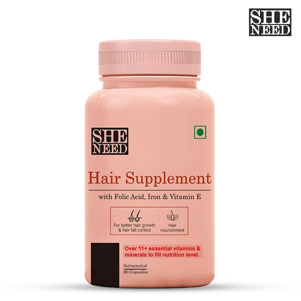 SheNeed Hair Supplement With 11+Nutrients, Vit-B9 & Vit-E for Hair Texture & Hair Fall Control- 60