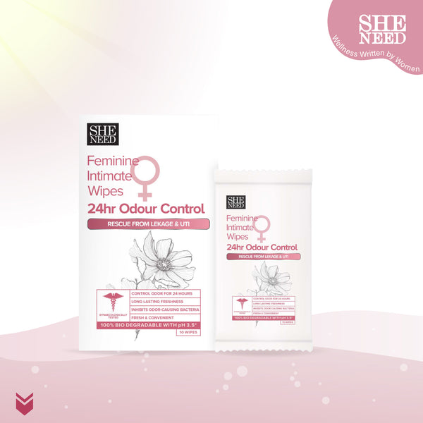SHENEED Feminine Intimate 24hr Odour control wipes 10N |Rescue from leakage & UTI| Refreshing Cleansing |pH Balance |Natural & Vegan | Paraben & Sulphate Free|clinically proven| Gynac approved | Travel Friendly