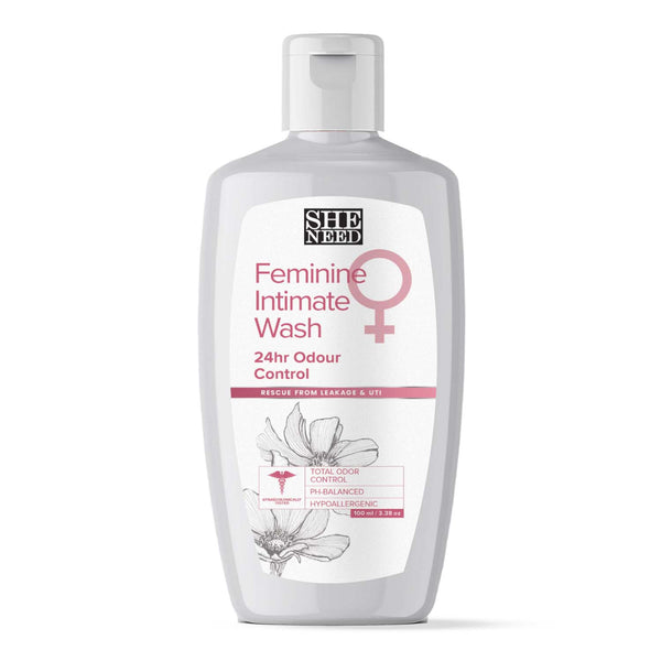 SheNeed 24hr odor control Feminine Intimate Wash- Blocks Odour For 24 Hours And Improves Inner Hydration With Ph-3.5. 100% Natural With Vit E, Aloe Vera And Tea Tree Oil - 100 ML