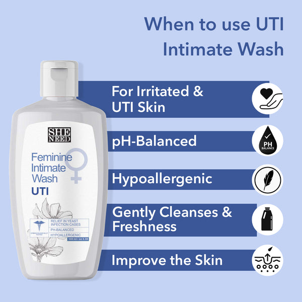SheNeed  UTI relief Feminine Intimate Wash - Reduces Yeast Infection, Protects Against UTI And Itching With Ph-3.5. 100% Natural with Thyme Extracts And Tea Tree Oil - 100 ML