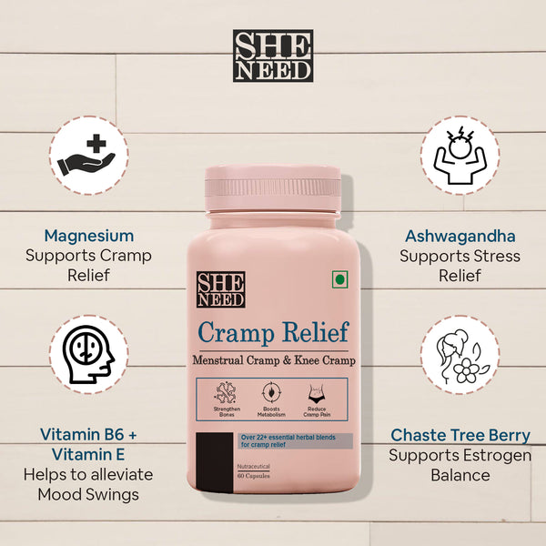 Sheneed Cramp Relief Supplement for PMS - free from Menstrual Cramp Relief and Bloating | Reduces Stress & Improves Mood | Supports a Healthy Pain and Stress-60 Capsules + Free Sheneed Feminine Cramp Relief Oil for Period Cramps & Leg cramps - 10ml