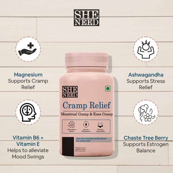 Sheneed Cramp Relief Supplement for PMS - free from Menstrual Cramp Relief and Bloating Supports a Healthy Pain and Stress-60 Capsules + Free Sheneed Feminine Cramp Relief Oil for Period Cramps & Leg cramps | 100% Herbal -10ml