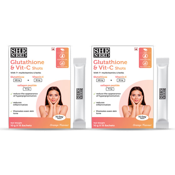 Sheneed Glutathione & vitamin C shots 15N X 10gm each (pack of 2) | 500mcg Gluatathione each|1000mcg Vit-C each |Skin Brightening| Vitamin C & E|Radiant Skin| Anti-oxidant property| Orange Flavour