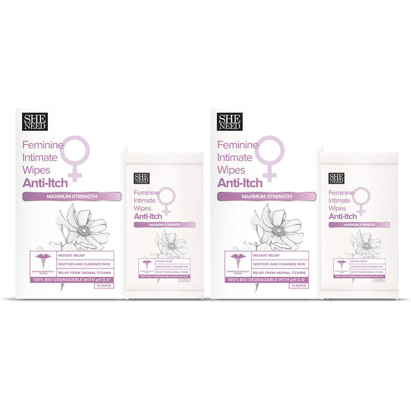 SHENEED Feminine Intimate Anti -itch wipes with maximum strength 10N (pack of 2) for all skin types|instant relief from itching|relief from irritation| Refreshing Cleansing| Travel friendly| clinically proven| Gynac approved.