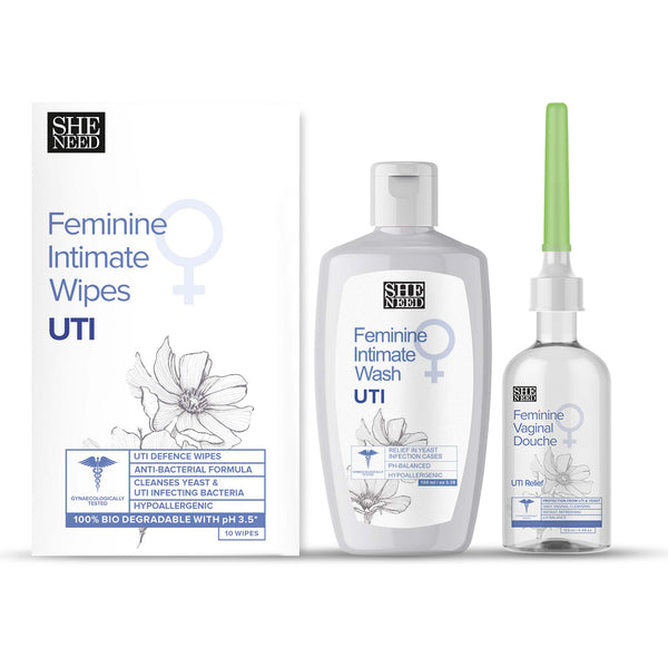 SHENEED Feminine Intimate UTI relief combo : SHENEED UTI wipes 10N, SHENEED UTI relief douche 122ml, SHENEED UTI intimate wash 100ml |UTI relief in 2 weeks| Maximum strength |clinically proven| Gynac approved.