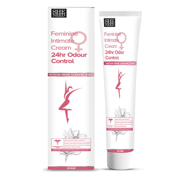 SHENEED Feminine Intimate 24hr Odour control cream 30gm |Rescue from leakage & UTI| Refreshing Cleansing |pH Balance |Natural & Vegan | Paraben & Sulphate Free|clinically proven| Gynac approved | Travel Friendly