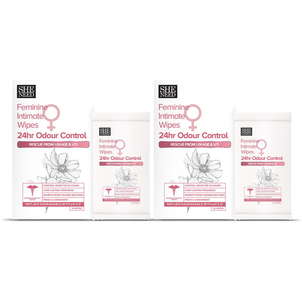 SHENEED Feminine Intimate 24hr Odour control wipes 10N (pack of 2) |Rescue from leakage & UTI| Refreshing Cleansing |pH Balance |Natural & Vegan | Paraben & Sulphate Free|clinically proven| Gynac approved | Travel Friendly