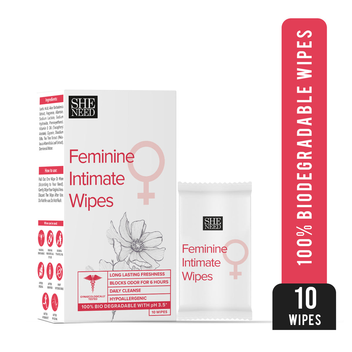SheNeed Feminine Intimate Wipes 100 Biodegradable, Ph Balanced, Uti P