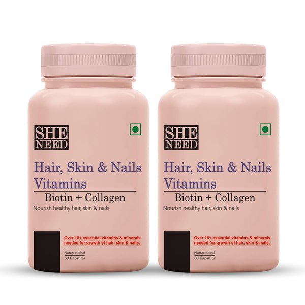 SheNeed Hair, Skin & Nails Vitamins With Biotin, Collagen & Keratin - 60 Capsules (Pack of 2)
