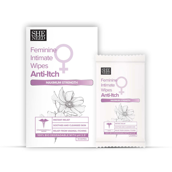 SHENEED Feminine Intimate Anti -itch wipes with maximum strength 10N for all skin types|instant relief from itching|relief from irritation| Refreshing Cleansing| Travel friendly| clinically proven| Gynac approved.