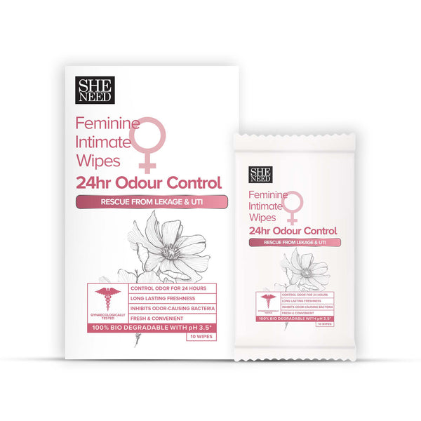 SHENEED Feminine Intimate 24hr Odour control wipes 10N |Rescue from leakage & UTI| Refreshing Cleansing |pH Balance |Natural & Vegan | Paraben & Sulphate Free|clinically proven| Gynac approved | Travel Friendly