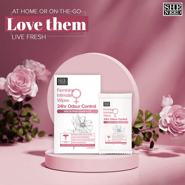 SHENEED Feminine Intimate 24hr Odour control wipes 10N |Rescue from leakage & UTI| Refreshing Cleansing |pH Balance |Natural & Vegan | Paraben & Sulphate Free|clinically proven| Gynac approved | Travel Friendly
