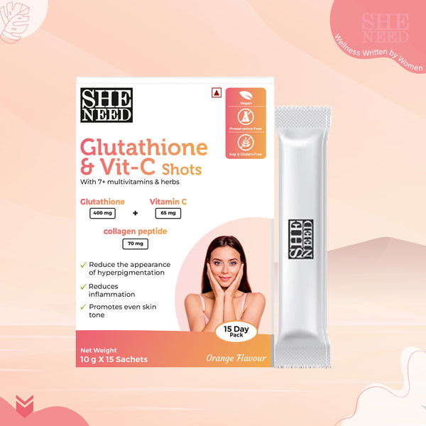 Sheneed Glutathione & vitamin C shots 15N X 10gm each (pack of 2) | 500mcg Gluatathione each|1000mcg Vit-C each |Skin Brightening| Vitamin C & E|Radiant Skin| Anti-oxidant property| Orange Flavour