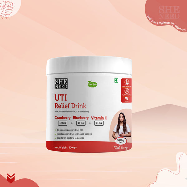 SheNeed Plant Based UTI Relief Drink For Women with Cranberry, Ashwagandha, Chamomile for UTI, Balance Ph, Soothes Pain & Bacterial Infection - 300gm