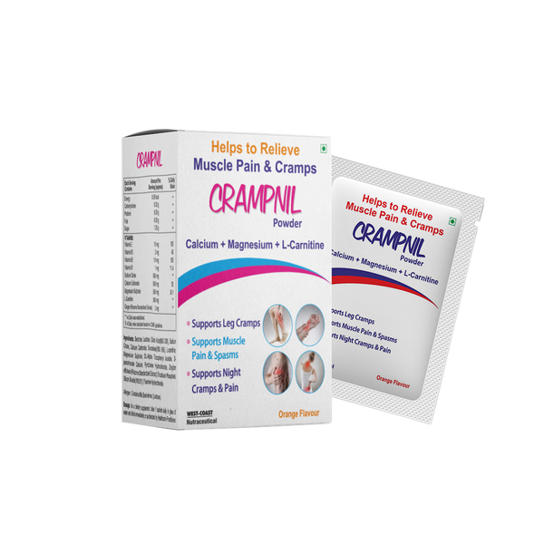 Westcoast Crampnil Sachet helps to relieve muscle pain, Joint Pain & Cramps calcium + Magnesium + L- Carnitine, Vitamin B5, Vitamin B6, promotes strong nervous & immune Systems, Relieves Leg Cramps 10n X 15gm