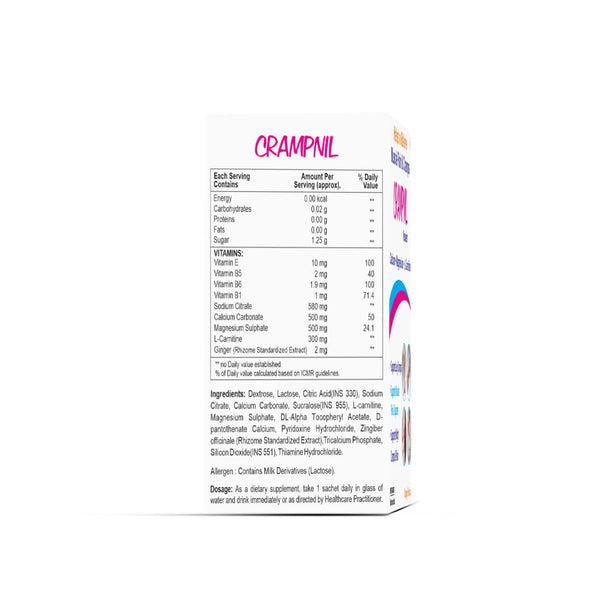 Westcoast Crampnil Sachet helps to relieve muscle pain, Joint Pain & Cramps calcium + Magnesium + L- Carnitine, Vitamin B5, Vitamin B6, promotes strong nervous & immune Systems, Relieves Leg Cramps 10n X 15gm