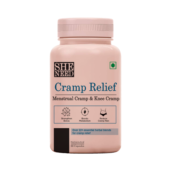 Sheneed Cramp Relief Supplement for PMS - free from Menstrual Cramp Relief and Bloating | Reduces Stress & Improves Mood | Supports a Healthy Pain and Stress-60 Capsules + Free Sheneed Feminine Cramp Relief Oil for Period Cramps & Leg cramps - 10ml