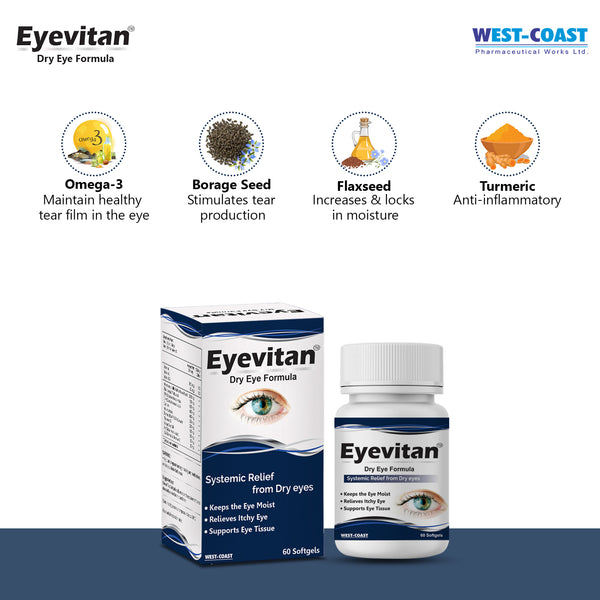 West-Coast Eyevitan Dry Eye Formula for Blurry Vision & light sensitivity, Reduces symptoms like redness, teary eyes & mucus – 60 Capsules