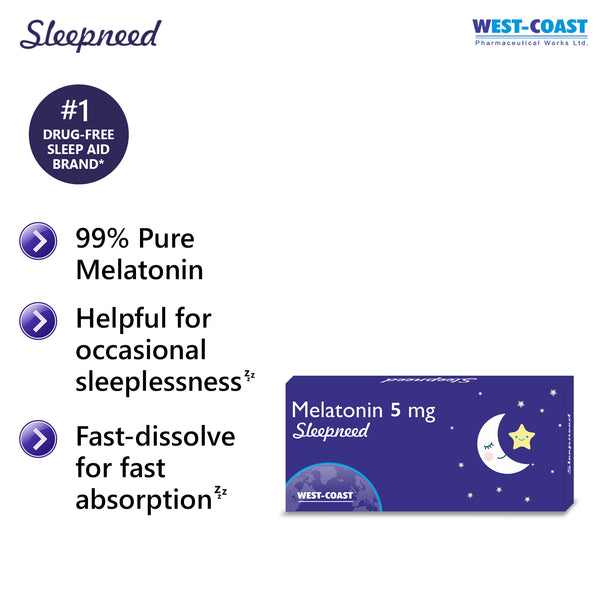 WEST-COAST Sleepneed Melatonin 5mg | Formulated to Promote Peaceful Sleep | Advanced Sleep Support | Stay Asleep Longer, Easy to Take, Faster Absorption - 10 Tablets