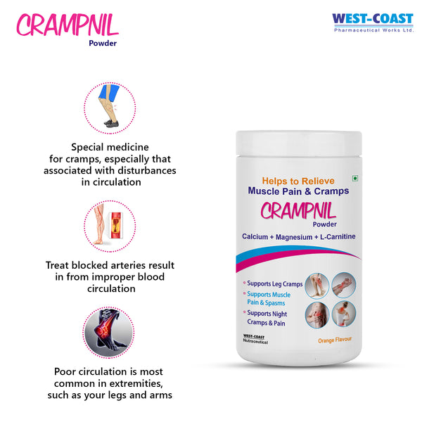 Westcoast Crampnil Powder |increase Blood Flow| Reduce Stiffness & Soreness | Relaxes Calf & Foot Cramp| Muscles & Cartilage| With Calcium + Magnesium + L-carnitine, Orange Flavour 180gm