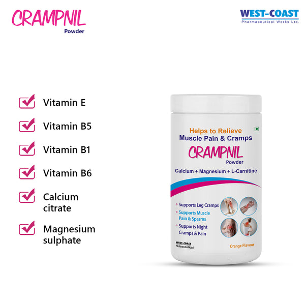 Westcoast Crampnil Powder |increase Blood Flow| Reduce Stiffness & Soreness | Relaxes Calf & Foot Cramp| Muscles & Cartilage| With Calcium + Magnesium + L-carnitine, Orange Flavour 180gm