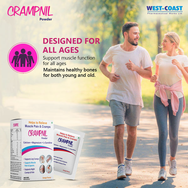 Westcoast Crampnil Sachet helps to relieve muscle pain, Joint Pain & Cramps calcium + Magnesium + L- Carnitine, Vitamin B5, Vitamin B6, promotes strong nervous & immune Systems, Relieves Leg Cramps 10n X 15gm