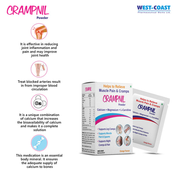 Westcoast Crampnil Sachet helps to relieve muscle pain, Joint Pain & Cramps calcium + Magnesium + L- Carnitine, Vitamin B5, Vitamin B6, promotes strong nervous & immune Systems, Relieves Leg Cramps 10n X 15gm