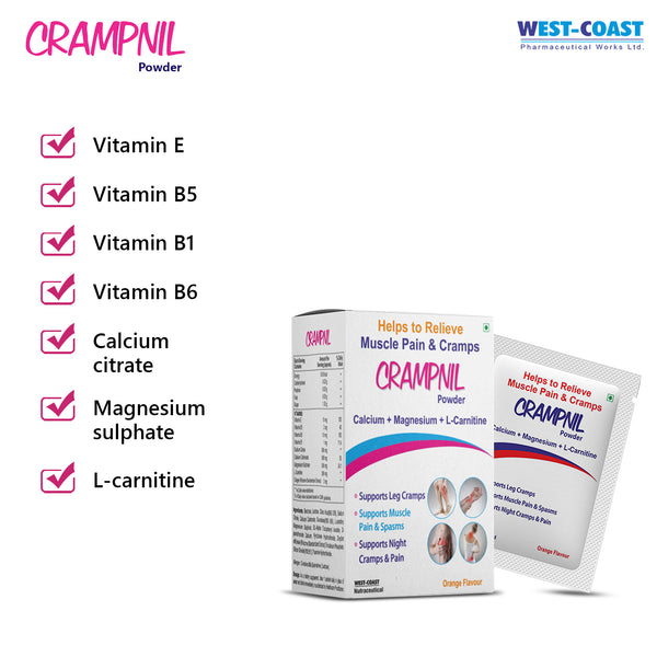 Westcoast Crampnil Sachet helps to relieve muscle pain, Joint Pain & Cramps calcium + Magnesium + L- Carnitine, Vitamin B5, Vitamin B6, promotes strong nervous & immune Systems, Relieves Leg Cramps 10n X 15gm