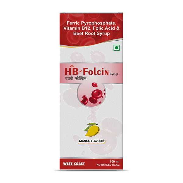 Westcoast HB-Folcin Syrup Mango for Vit-B12 & Folic Acid deficinency with added beet root for absorption. Supports energy levels, hair fall & fill snutritional gaps - 100 ml