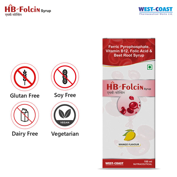 Westcoast HB-Folcin Syrup Mango for Vit-B12 & Folic Acid deficinency with added beet root for absorption. Supports energy levels, hair fall & fill snutritional gaps - 100 ml