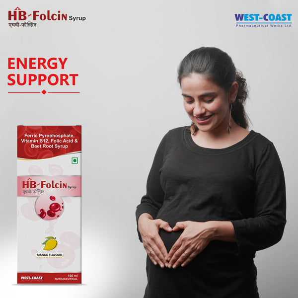 Westcoast HB-Folcin Syrup Mango for Vit-B12 & Folic Acid deficinency with added beet root for absorption. Supports energy levels, hair fall & fill snutritional gaps - 100 ml