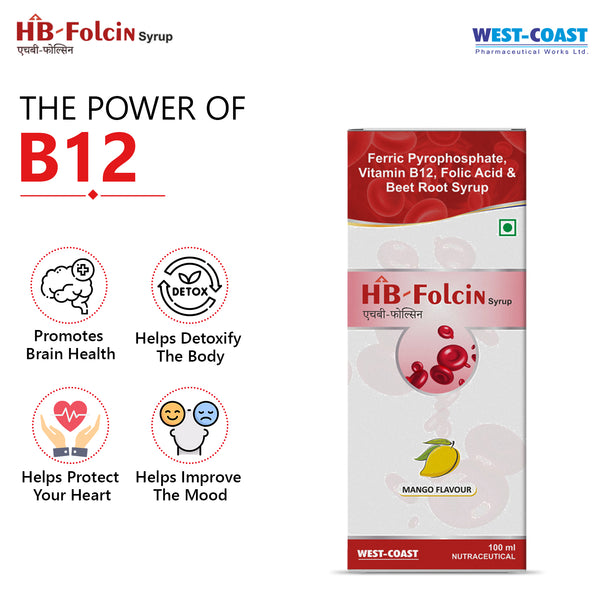 Westcoast HB-Folcin Syrup Mango for Vit-B12 & Folic Acid deficinency with added beet root for absorption. Supports energy levels, hair fall & fill snutritional gaps - 100 ml