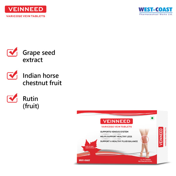 WEST-COAST Veinneed Varicose Vein Tablet with Grape Seed Extract, Horse Chestnut Fruit for Support Venous System, Management of Varicose & Spider Veins for Leg Care - 10 Tablets