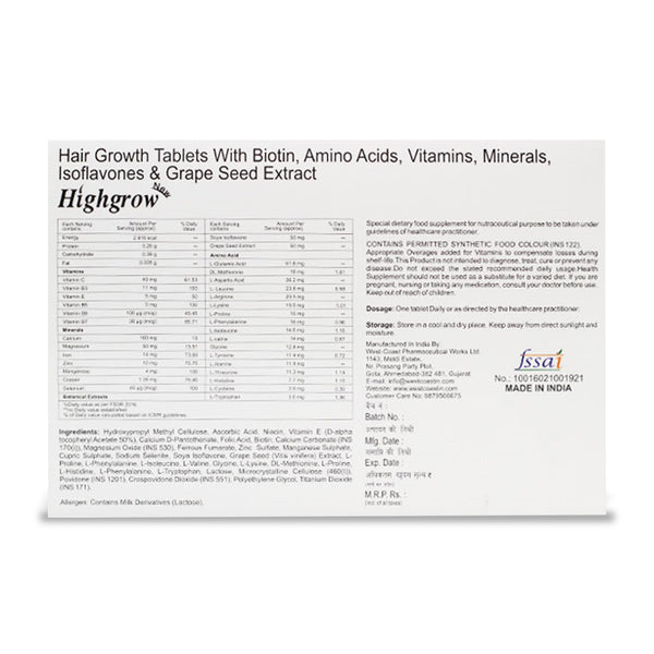 West-Coast Highgrow Tablet for Hair Growth & scalp health with Biotin, Amino Acids, 10+ Vitamins & Minerals & Grape Seed Extract  - 1x10 Tablets