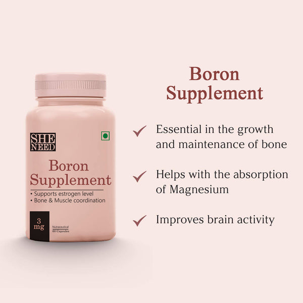 SheNeed Boron Supplements (3 mg) For Women - Better Muscle Coordination & Maintains Estrogen Levels- 60 Capsules AND GET FREE Cgg Collagen peptide serum- 2x Collagen Restorative-10ml