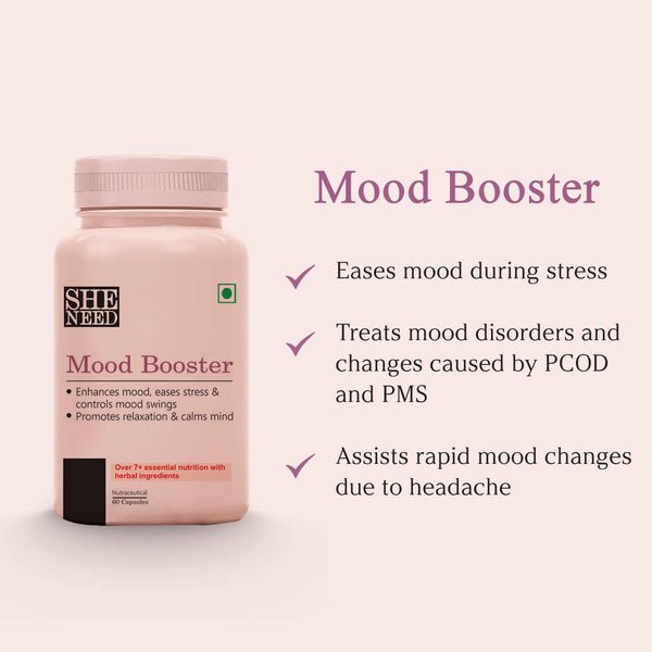 SheNeed Mood Booster For mood Disorder Supplements For Women - Enhances Mood, Eases Stress & Frustration - 60 Capsules AND GET FREE CGG Vitamin-C serum-10X Anti-Aging Booster-10ml