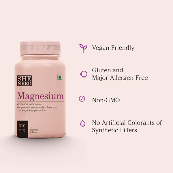 SheNeed Magnesium Supplement For Men and Women 310 Mg Sports Recovery Bone Muscle Health Energy 7 Metabolism Veg Capsules, 60 count AND GET FREE CGG Collagen Serum-2x Collagen Restoratives-10ml