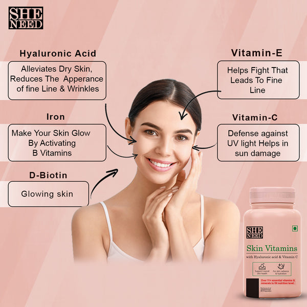 BUY SheNeed Skin Vitamin Supplement With 11+Nutrients, Hyaluronic Acid & Vit-C for Skin Glow & Anti-Aging-60 Capsules AND GET FREE SheNeed Skin Vitamin Supplement With 11+Nutrients, Hyaluronic Acid & Vit-C for Skin Glow & Anti-Aging-60 Capsules