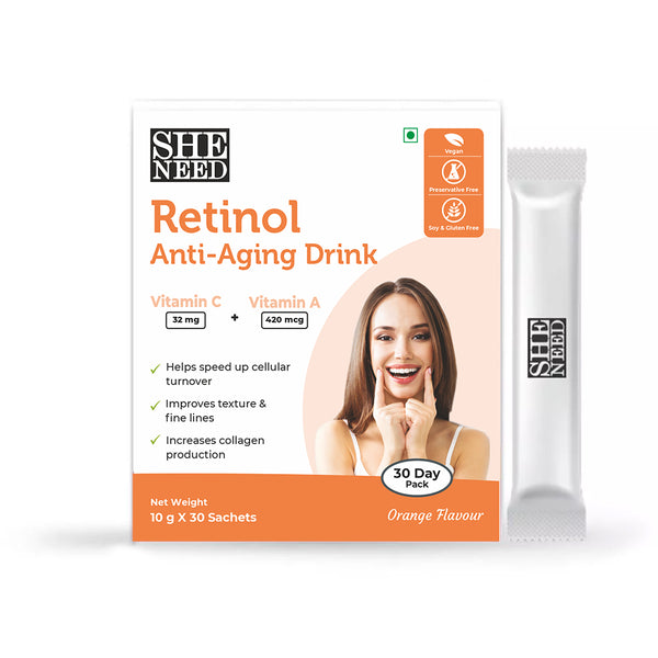 Sheneed Retinol activated anti-aging drink with Pure Vitamin A & C, reduces wrinkles- Vegan-30x10.gms