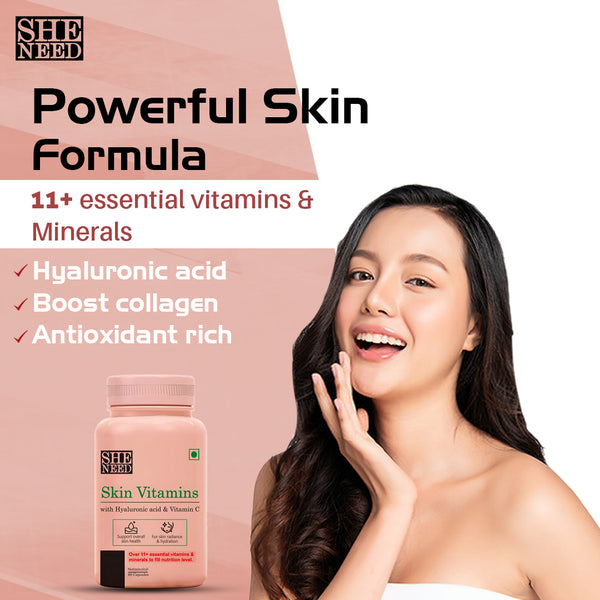 SheNeed Skin Vitamin Supplement With 11+Nutrients, Hyaluronic Acid & Vit-C for Skin Glow & Anti-Aging - 60 Capsules AND GET FREE CGG Vitamin C Serum for Glowing Skin -10ml