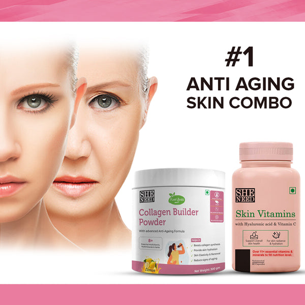 BUY SheNeed collagen builder Drink with Anti-aging formula -300gm AND GET FREE SheNeed skin vitamins with Hyaluronic Acid & Vitamin C - 60 Capsules