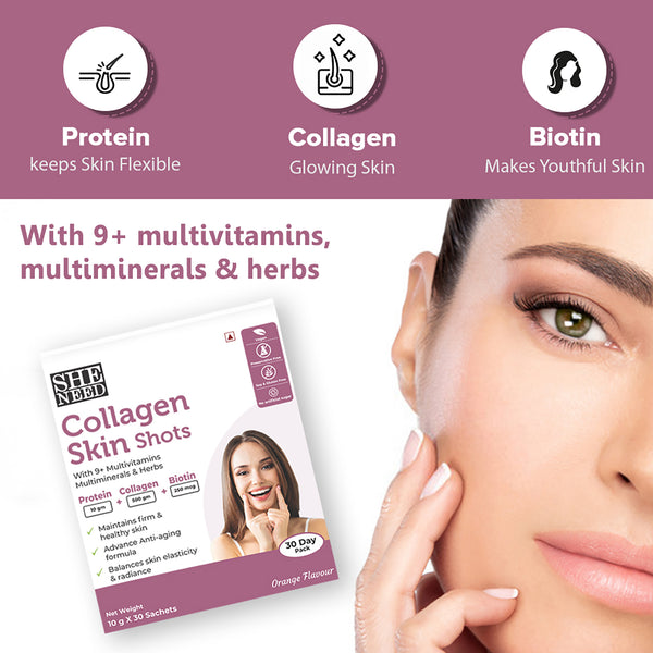 SheNeed Collagen Skin Shot (10gx30 Sachets)  & GET FREE Cosmetics 1% collagen peptide serum with 2X Collagen Restorative -10ml