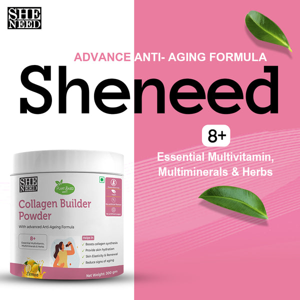 SheNeed Plant Based Collagen Builder Powder with Advanced Anti-Aging Formula, Skin Repair & Regeneration- 8+Nutrients-Pomegranete,Ginger,Green tea extract - 300gm