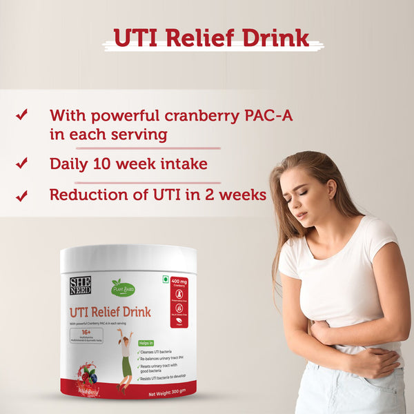 SheNeed Plant Based UTI Relief Drink For Women with Cranberry, Ashwagandha, Chamomile for UTI, Balance Ph, Soothes Pain & Bacterial Infection - 300gm AND GET FREE CGG Vitamin-C serum-10x Anti-aging formula 10ml